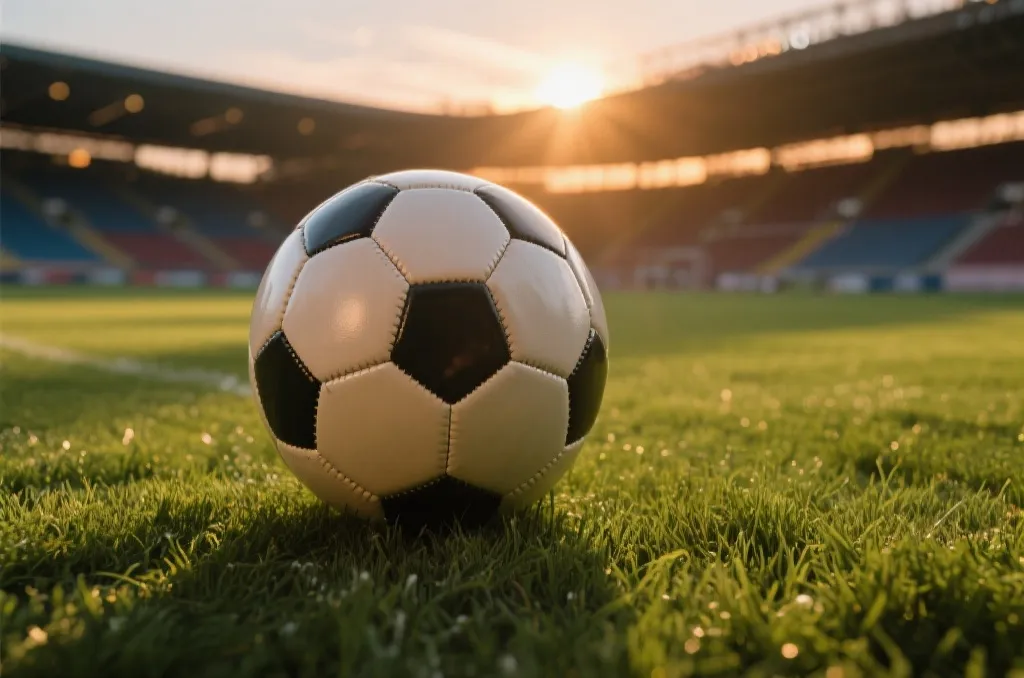 A classic leather soccer ball resting on lush green grass of a stadium pitch at sunset