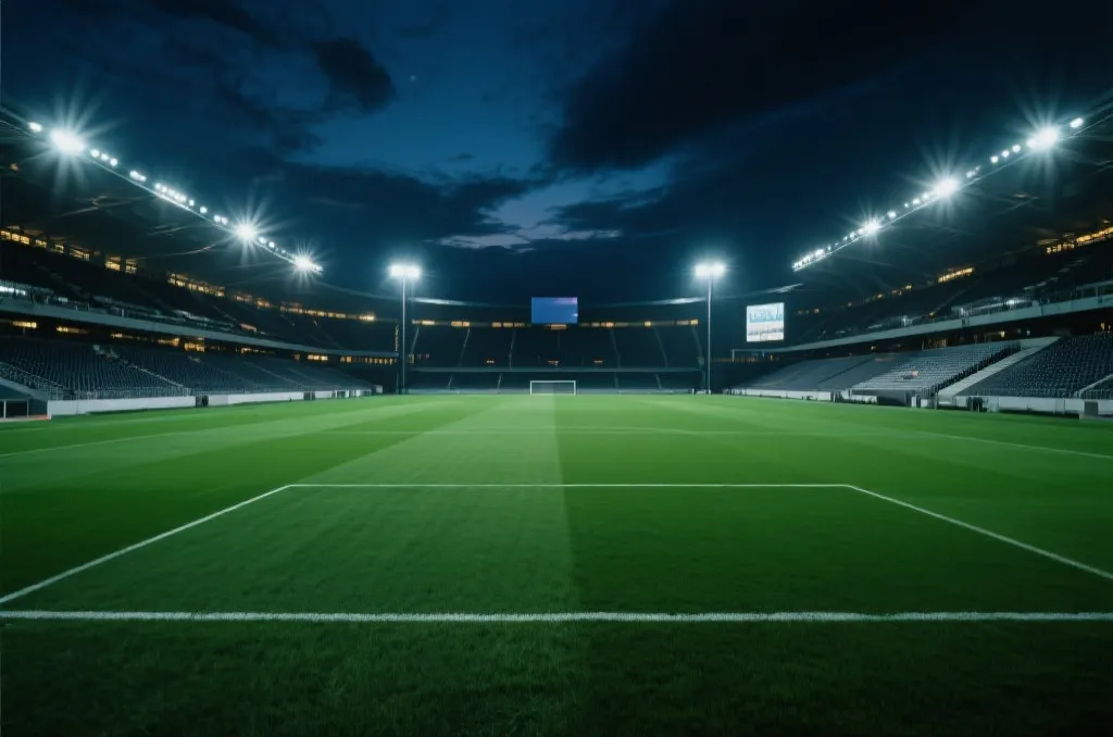 An empty modern football stadium at night under bright floodlights, green turf, dramatic sky, cinematic atmosphere