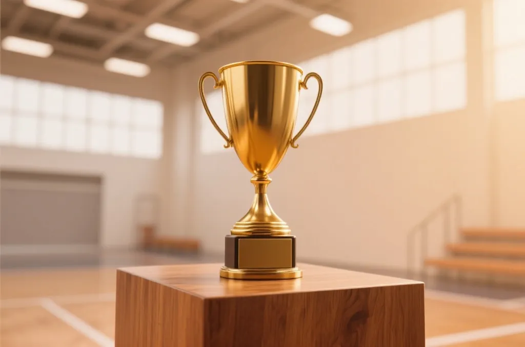 现代体育馆背景下的无标志金色奖杯，象征世界俱乐部最高荣誉